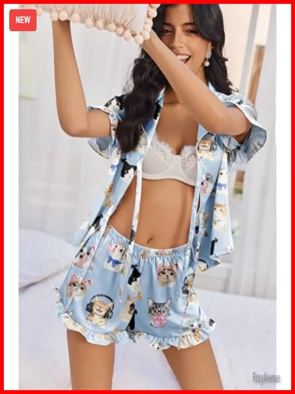Satin Pajama Short Set Bow Front Tie Up Loungewear Sleepwear Bridal